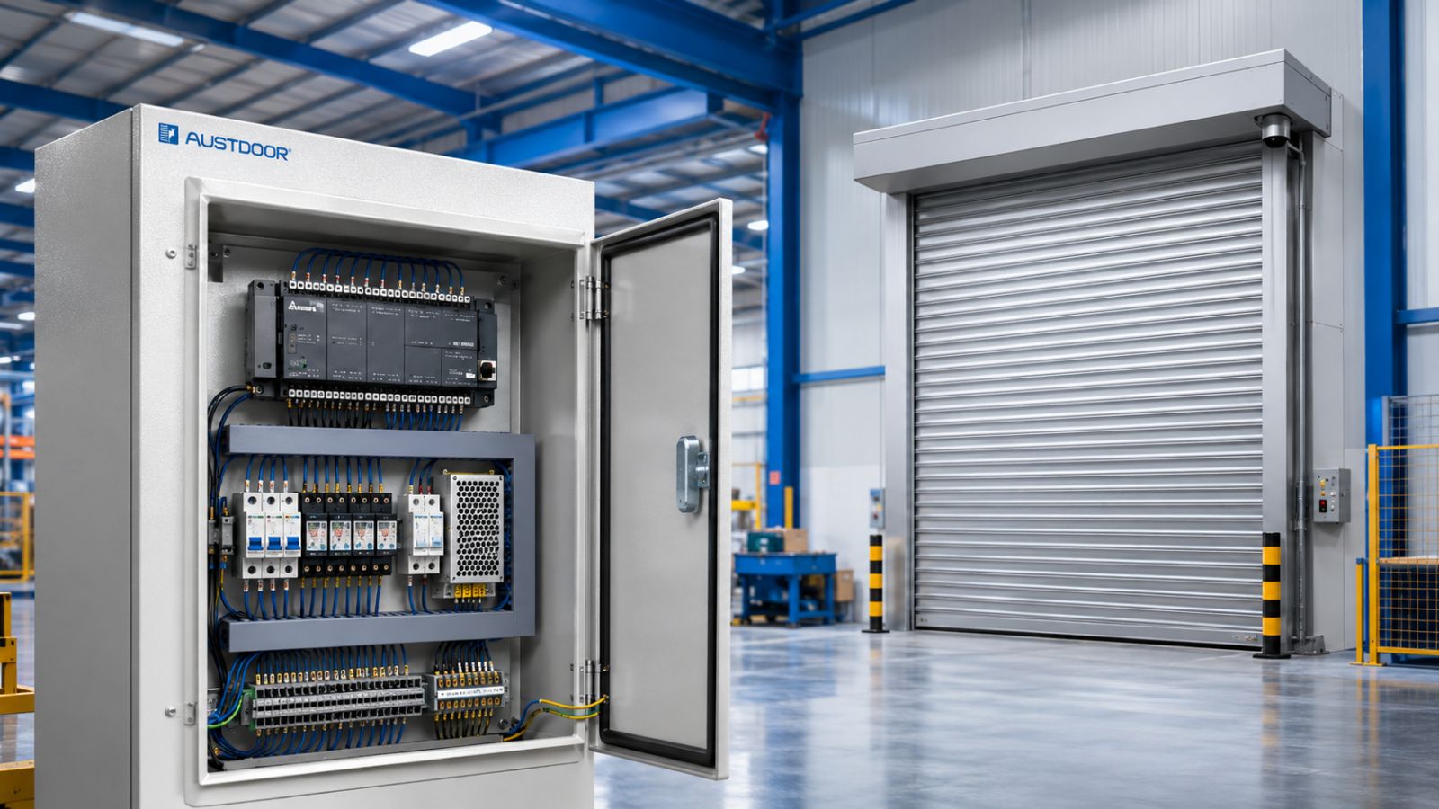 Tủ điều khiển PLC kết nối cảm biến an toàn cho cửa cuốn nhà máy