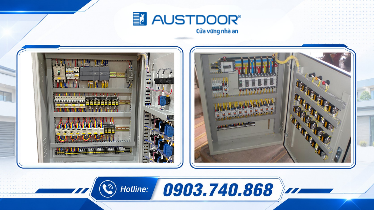 Tủ điều khiển PLC cửa cuốn nhà máy Tủ điều khiển PLC cửa cuốn nhà máy tích hợp cảm biến an toàn