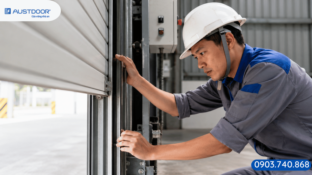 Kỹ thuật viên kiểm tra ray và thân cửa cuốn công nghiệp