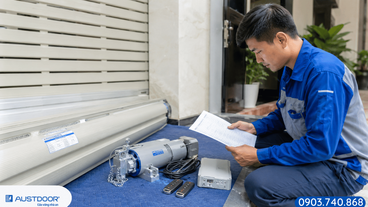 Kỹ thuật viên kiểm tra tem model và phụ kiện cửa cuốn Austdoor