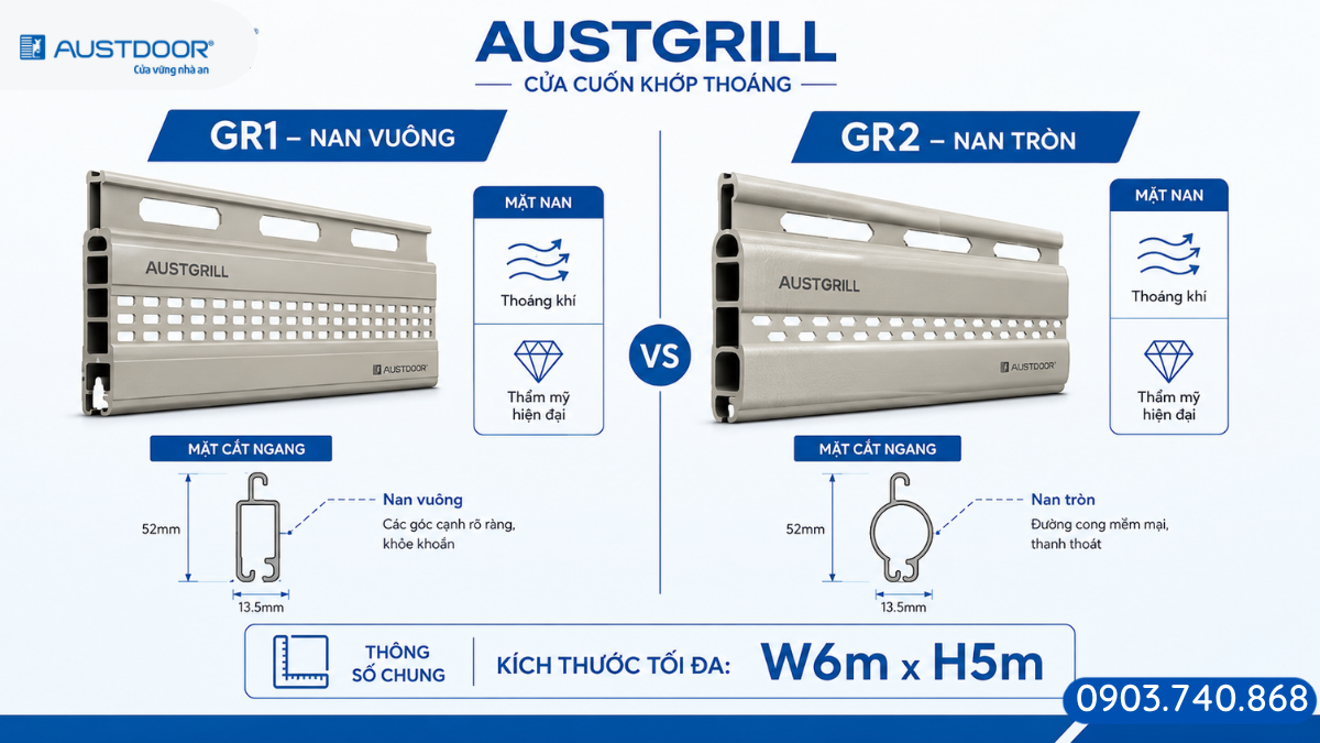 So sánh cửa cuốn AUSTGRILL GR1 nan vuông và GR2 nan tròn