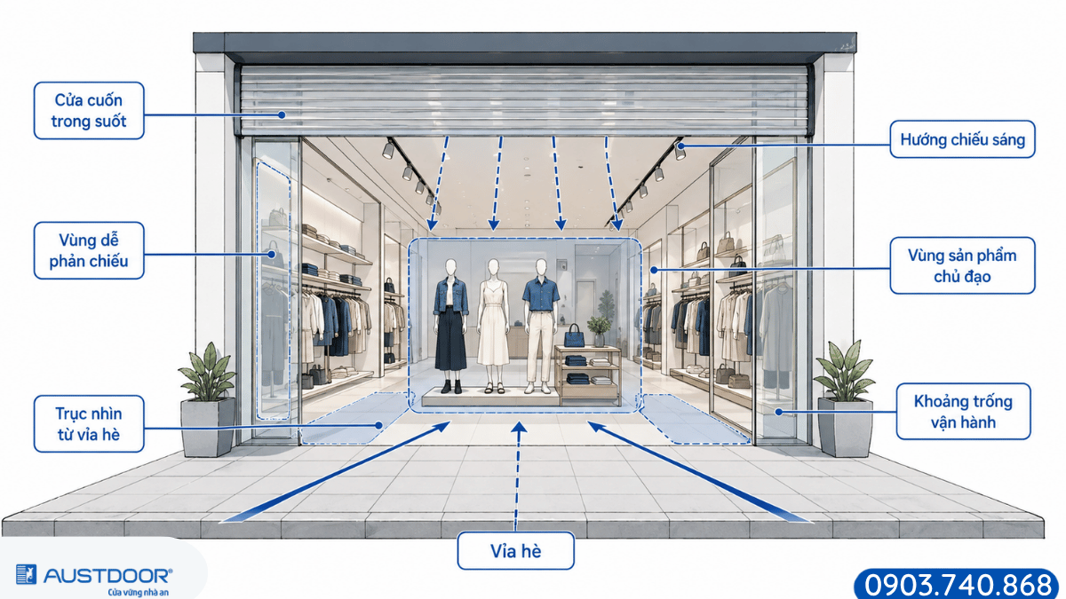 Sơ đồ bố trí ánh sáng và sản phẩm phía sau cửa cuốn trong suốt