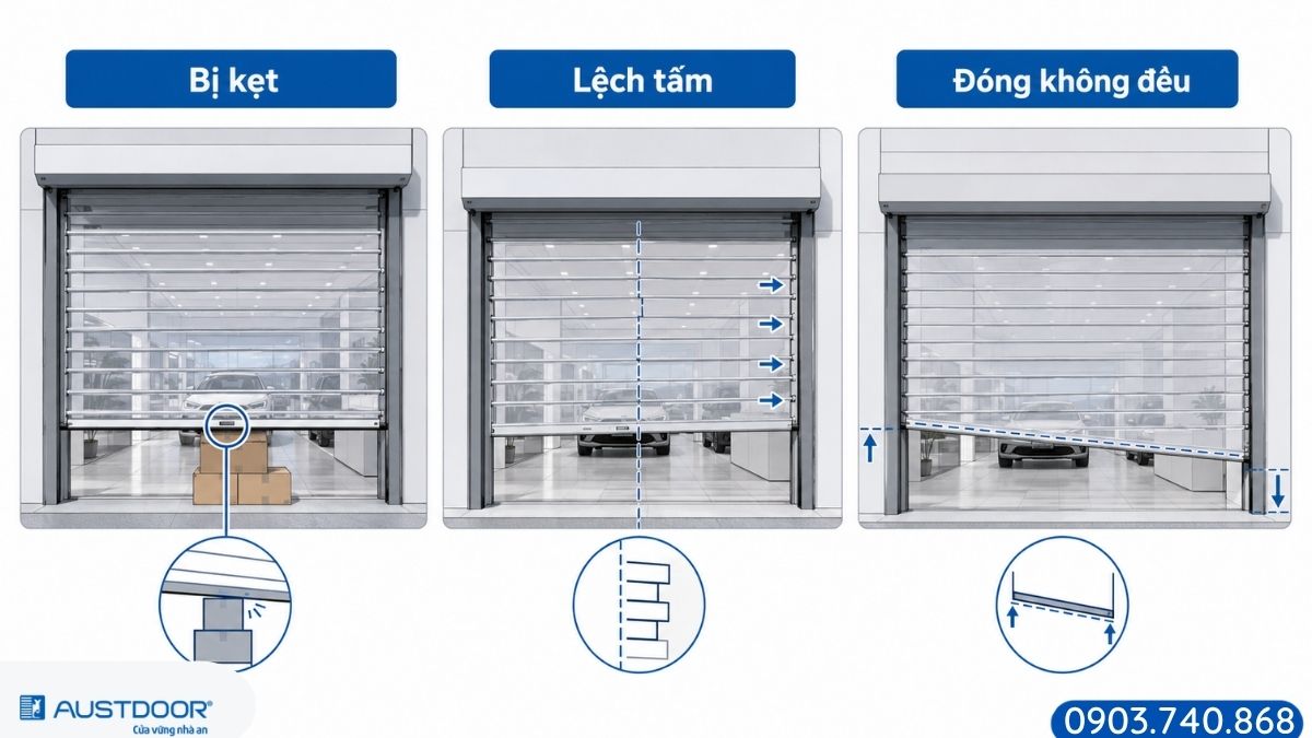 Ba dấu hiệu cửa cuốn trong suốt bị kẹt lệch tấm và đóng không đều