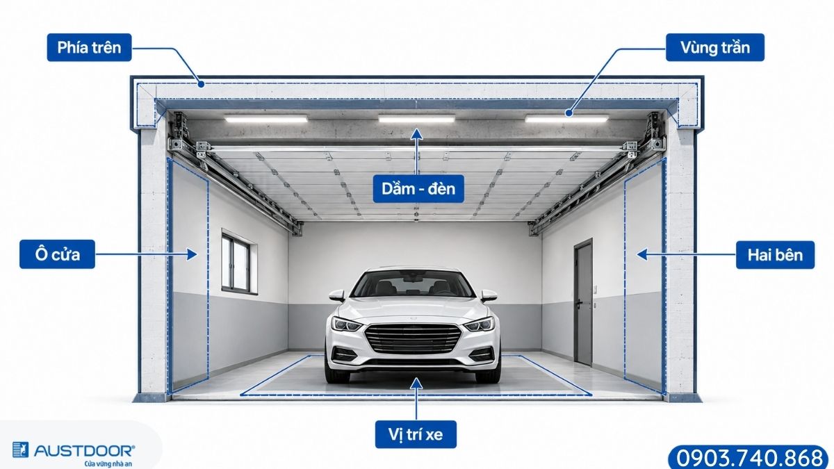 Các vị trí cần khảo sát trước khi lắp cửa gara trần thấp