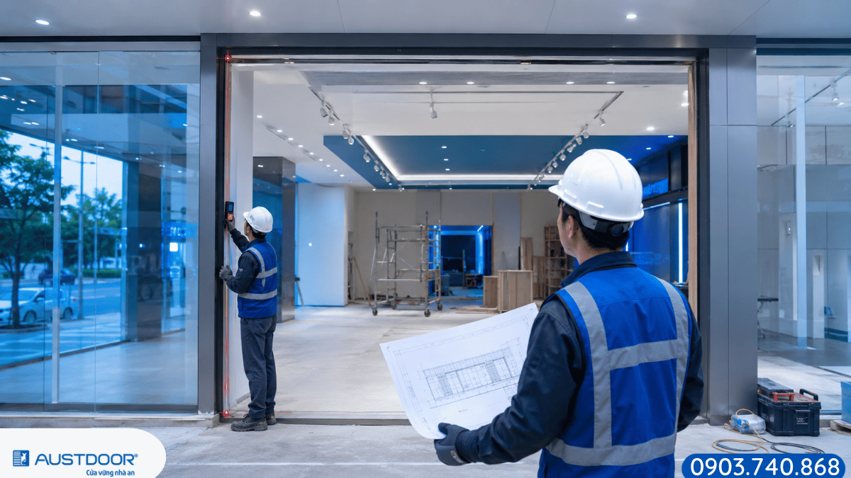 Kỹ thuật viên khảo sát ô chờ lắp cửa cuốn trong suốt cho showroom