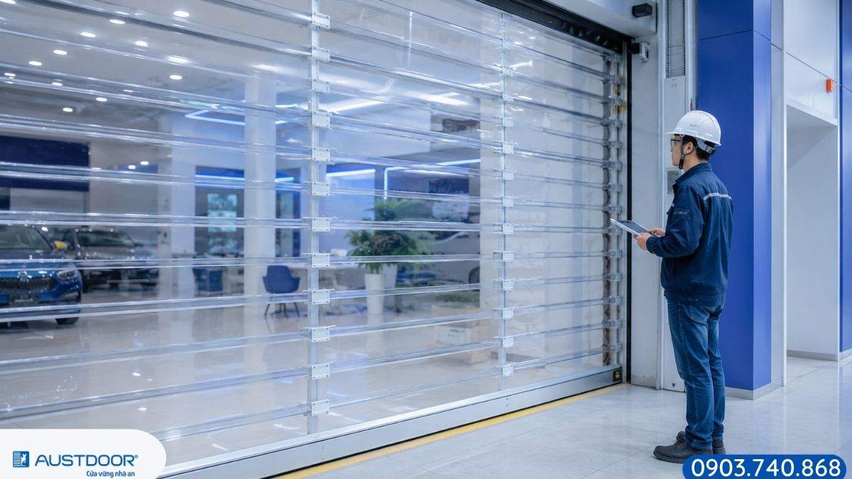 Kỹ thuật viên kiểm tra cửa cuốn trong suốt tại showroom