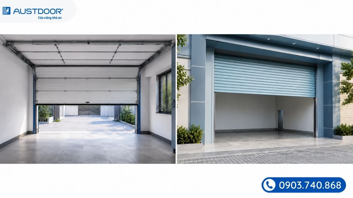 So sánh quỹ đạo cửa trượt trần và cửa cuốn trục