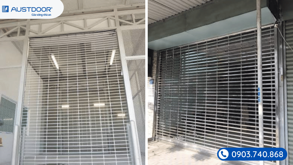 Kỹ thuật viên kiểm tra cửa cuốn khớp thoáng bị xệ và lệch thân
