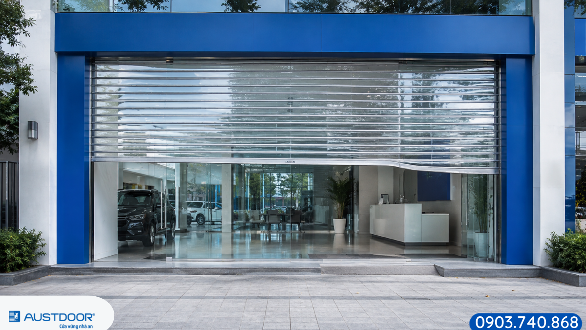 Cửa cuốn trong suốt bị kẹt và đóng không đều tại showroom