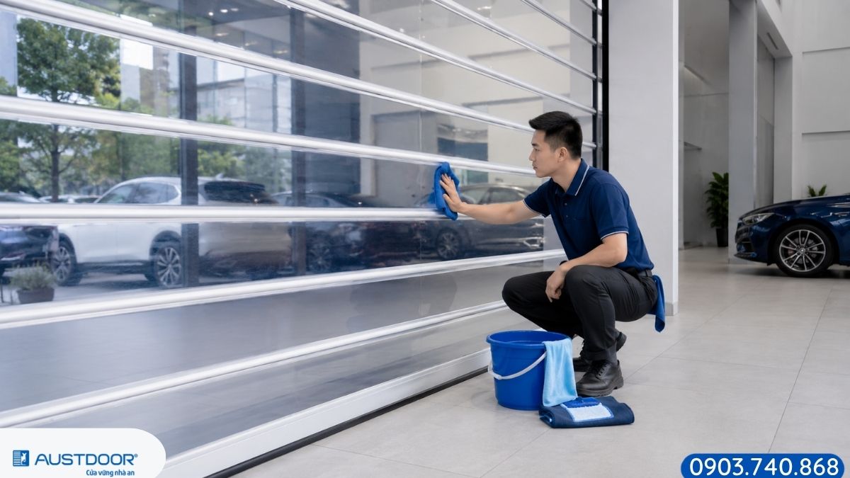 Vệ sinh bề mặt cửa cuốn trong suốt tại showroom