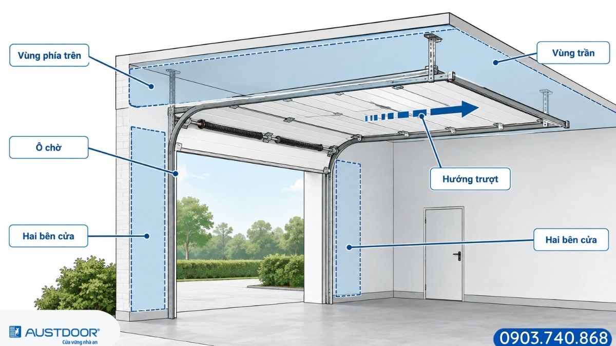 Sơ đồ các vị trí cần đo khi khảo sát cửa cuốn trượt trần