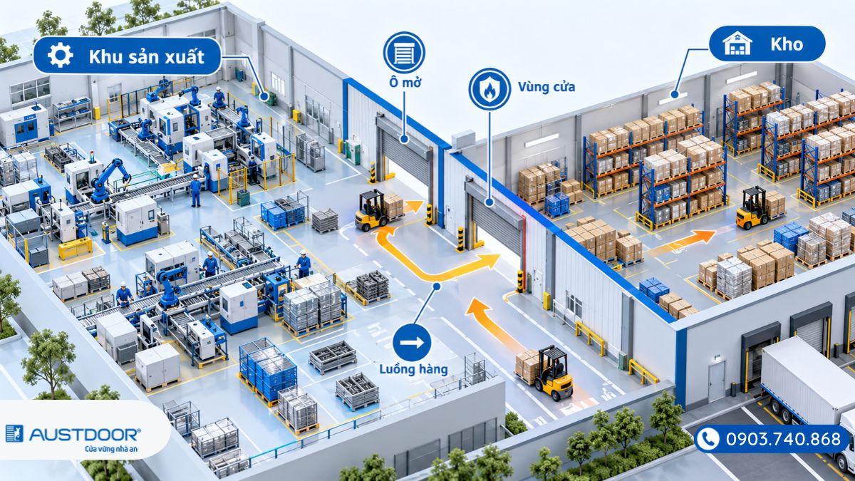 Minh họa các ô mở cần rà soát cửa cuốn chống cháy trong nhà xưởng