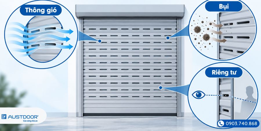 Infographic cân bằng thông gió bụi và riêng tư cho cửa cuốn khe thoáng