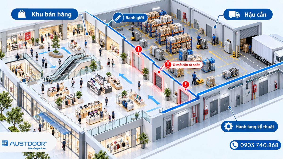 Phối hợp cửa cuốn chống cháy với kết cấu trần và hệ thống M&E