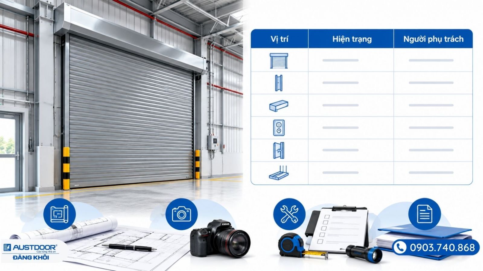 Mẫu minh họa checklist khảo sát cửa cuốn chống cháy sau cải tạo gồm vị trí, hiện trạng và người phụ trách