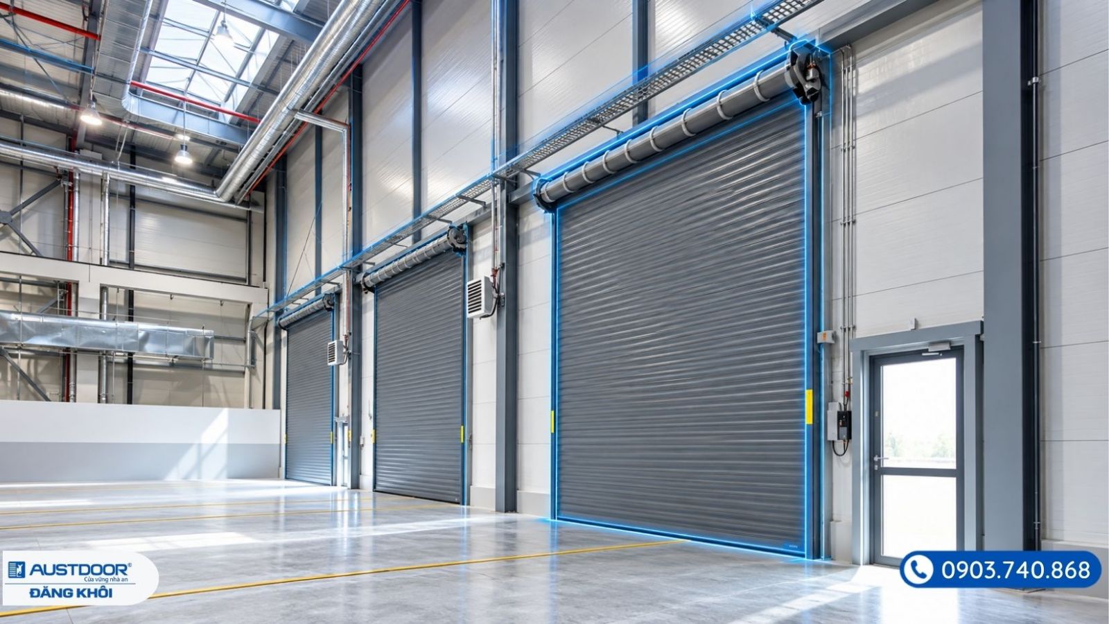 Phối cảnh kỹ thuật nhà xưởng sau cải tạo với trần, đường ống M&E và cửa cuốn chống cháy