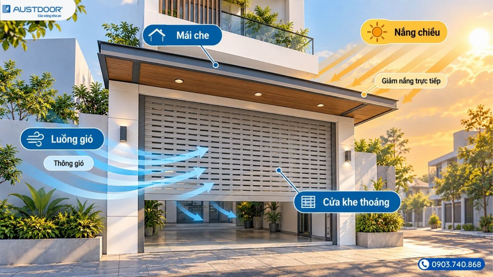 Sơ đồ cửa cuốn khe thoáng kết hợp che nắng và hướng lưu thông không khí